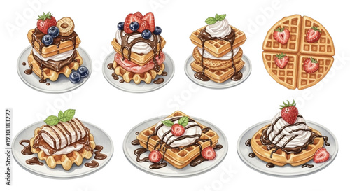 Watercolor Waffle Dessert Set with Chocolate, Strawberries and Cream