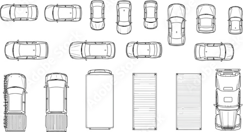 Top view vehicles collection including cars truck and shipping containers, detailed transport layout elements isolated on light background for urban planning design