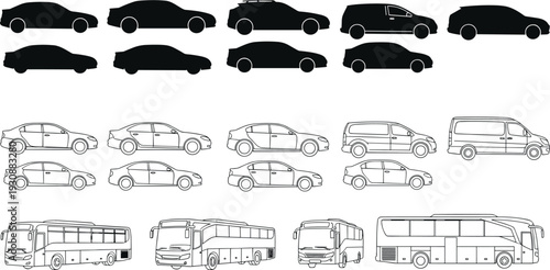 Vehicle silhouettes and outline collection including sedan hatchback van and bus, side view transport set isolated on light background for automotive design