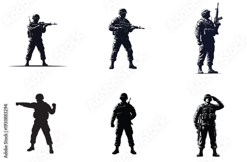 Soldier Silhouettes in Various Poses Vector Illustration