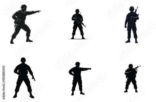 Soldier Silhouettes in Various Poses Vector Illustration