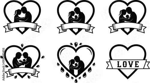Collection of beautiful black heart shaped badges with romantic loving couple and baby silhouettes decorative ribbons and text vector designs.
