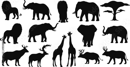 Wild African animals black silhouettes set, including lions, elephants, giraffes, and various antelopes
