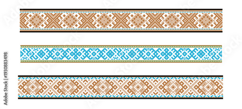 Three Lithuanian sashes featuring traditional ornamental patterns. Rhythmic repeating geometric designs in blue, purple, and black reflect Baltic cultural heritage, textile traditions, and timeless fo
