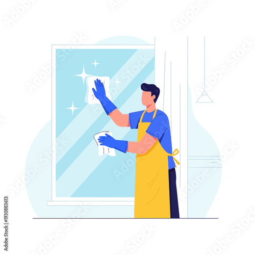 Man Cleaning Window With Cloth Doing Housework and Chores