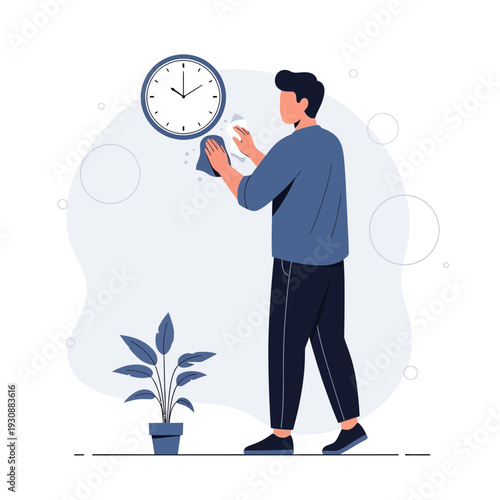 Man Cleaning Wall Near Clock And Plant In Minimalist Style