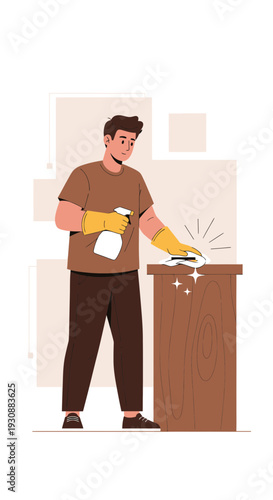 Man Cleaning Wooden Furniture With Spray Bottle And Cloth