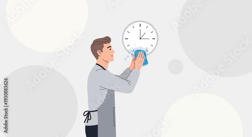 Man Cleans Clock With Blue Cloth Creating Bubbles Time Cleaning Concept