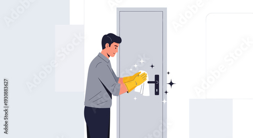 Man Cleans Door With Disinfectant, Sanitation, And Hygiene For Health And Cleanliness