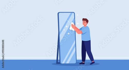 Man Cleans Tall Mirror With White Cloth Sparkles Reflecting Cleanliness