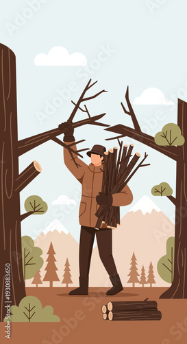 Man Collecting Firewood In A Forest Setting For Winter Preparations