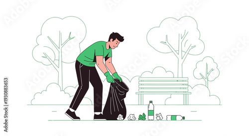Man Collecting Trash In Park For Environmental Cleanup Campaign