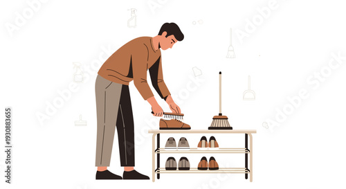 Man Cleans Shoes On A Shoe Rack With A Broom Nearby