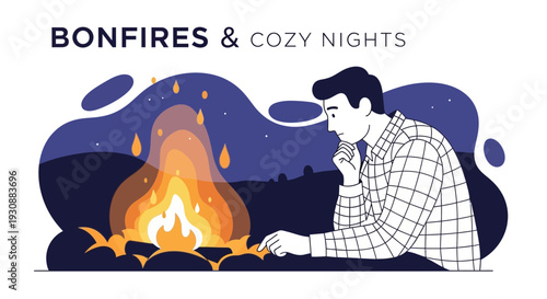 Man Contemplating By A Warm Outdoor Bonfire On A Starry Night