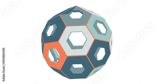 Geometric 3D sphere with hollow hexagonal shapes and varying blue hues viewed from a close-up perspective