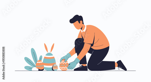 Man Decorating Colorful Easter Eggs For Celebration, Vector Illustration Artwork
