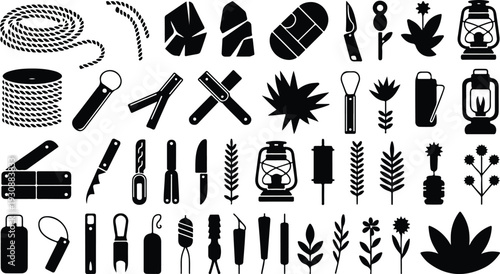 Set of 40 Camping and Survival Gear Black Silhouette Icons Vector