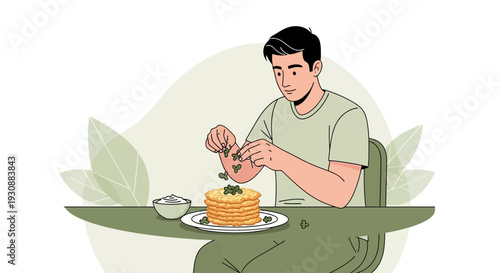 Man Decorating Pancakes With Greenery A Delightful Morning Meal Preparation