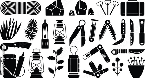 Set of 30 black camping and survival icons vector