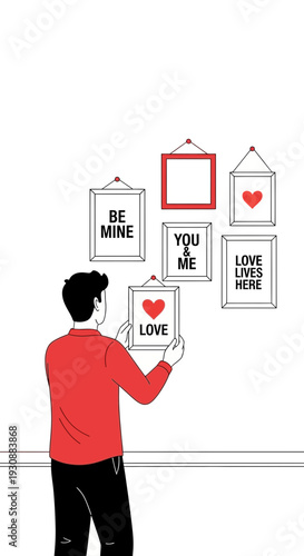 Man Decorating Wall With Romantic Love Art And Quotes For Valentine's Day