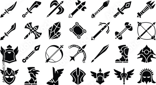 Set of 30 fantasy game weapon and armor icons vector