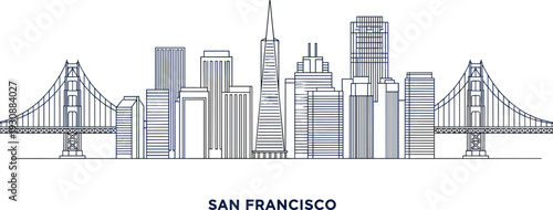Minimalist blue outline continuous line drawing of San Francisco city skyline featuring famous architectural landmarks and beautiful bridge vector.