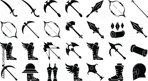 Set of 30 Fantasy RPG Game Weapons and Armor Icons Vector
