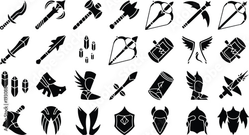 Set of 30 Fantasy RPG Game Weapons and Armor Icons Vector
