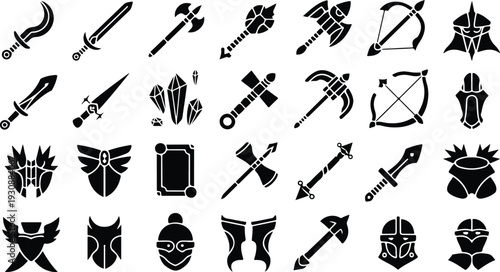 Set of 30 Fantasy Game Weapon and Armor Icons Vector