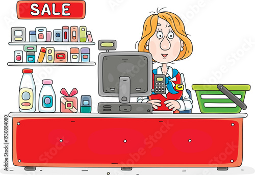 Funny girl cashier in uniform at her desk with a cash register and a shopping basket in a supermarket, vector cartoon illustration on a white background