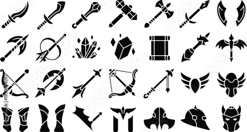 Set of 35 Fantasy Game Weapon and Armor Icons Vector