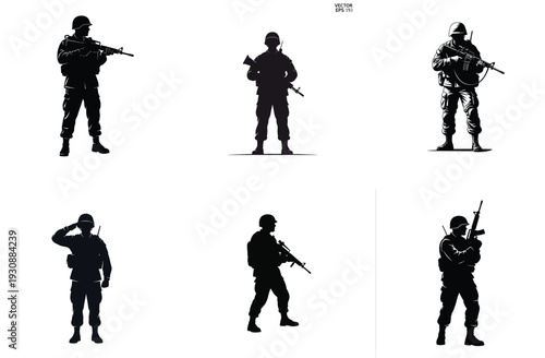 Soldier Silhouettes in Various Poses Vector Illustration