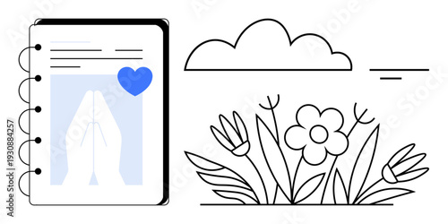 Notebook design. Features a prayer gesture with a heart symbol, emphasizing spirituality and mindfulness. Includes floral and cloud elements. Ideal for spirituality, mindfulness content, journaling