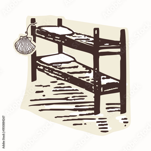 Hand drawn camino icon bunk bed pilgrim at refugio aubergue pitstop . Scallop shell for st james way european pilgrimage symbol collection. Isolated sticker element for hostel bunk bed stay