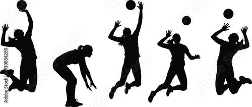 Female Volleyball Player Silhouettes Set Featuring Jumping Spiking Serving and Setting Actions for Sports Competition Team Athletics Flat Vector Illustration