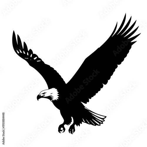 Black silhouette of an eagle in descending flight.