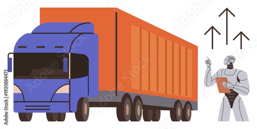 Logistics innovation, supply chain automation, AI advancements, freight management, futuristic technology, data-driven growth. A robot points to upward arrows near a cargo truck. Logistics innovation