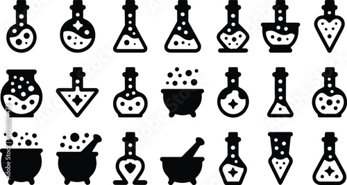 Set of 21 black alchemy potion bottle and cauldron icons vector