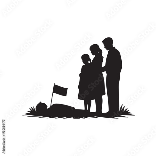 Black silhouette family standing near grave with flag