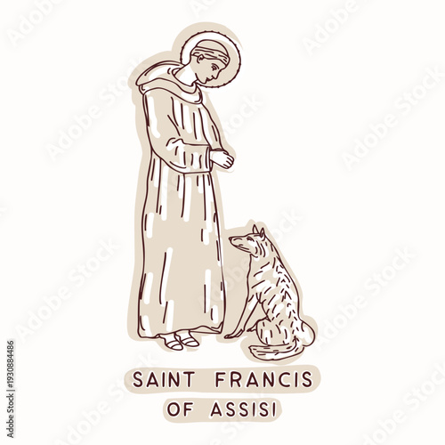 Saint Francis of Asissi hand drawn vector motif with the wolf gubbio. Isolated black and white Franciscan friar with tonsure and halo for catholic religious St Frances lives celebration illustration. 