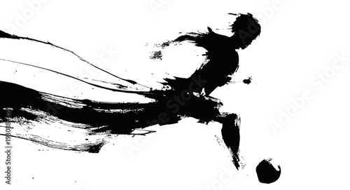 Abstract soccer player silhouette in dynamic grunge brush stroke style with bold ink splatter motion effect