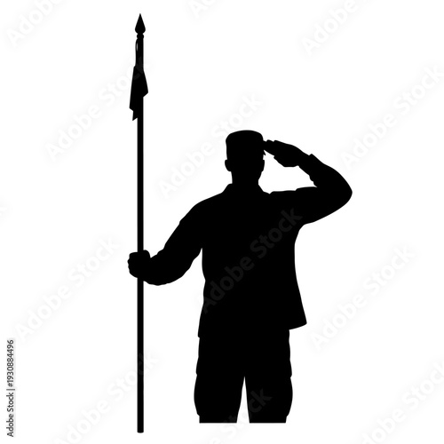 Silhouette of a soldier saluting while holding a spear.