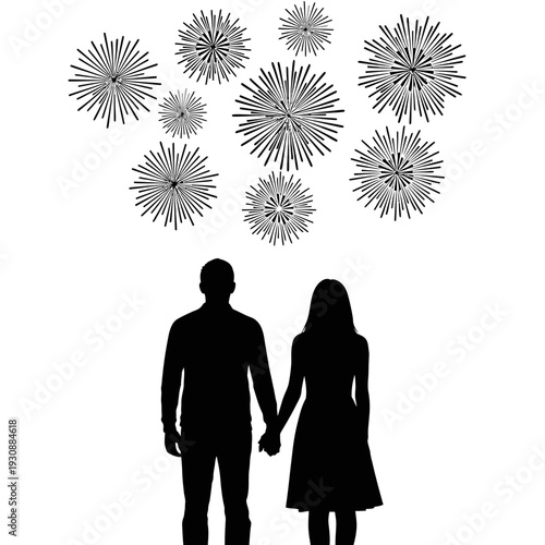 Silhouetted couple holding hands under fireworks display.