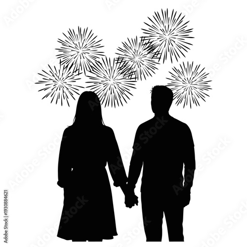 Silhouetted couple holding hands watching fireworks in the night sky.