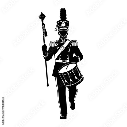 Canvas Print Silhouette of a drum major leading a marching band in uniform.