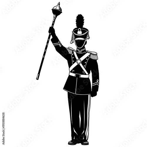 Silhouette of a ceremonial guard holding a mace in formal uniform and salute.