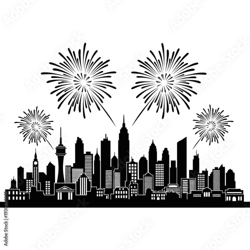 Black skyline silhouette with fireworks bursting above city.