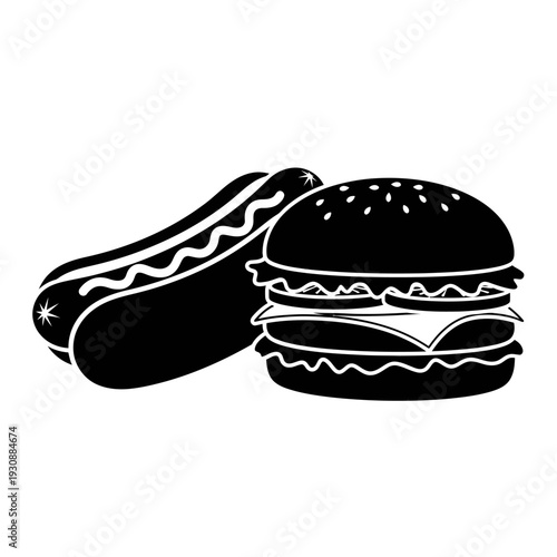 Black and white icon of a hot dog and hamburger on white background.