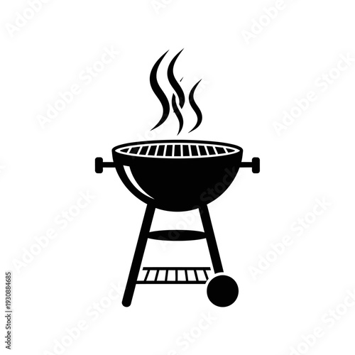 Silhouette of a round charcoal grill with steam lines and tripod stand.