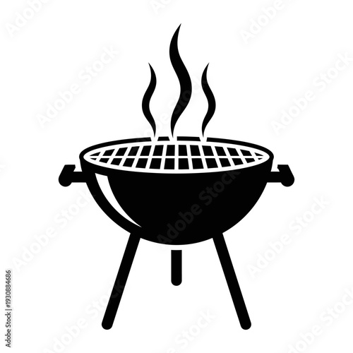 Black silhouette of a round charcoal grill with rising smoke.